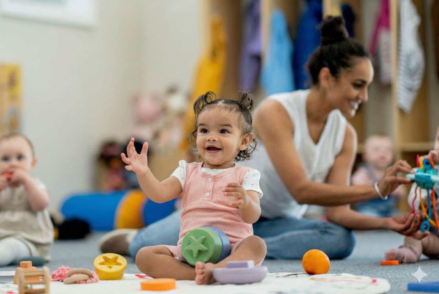 Infant care in Plano TX babies exploring sensory toys at Palm Grove Montessori