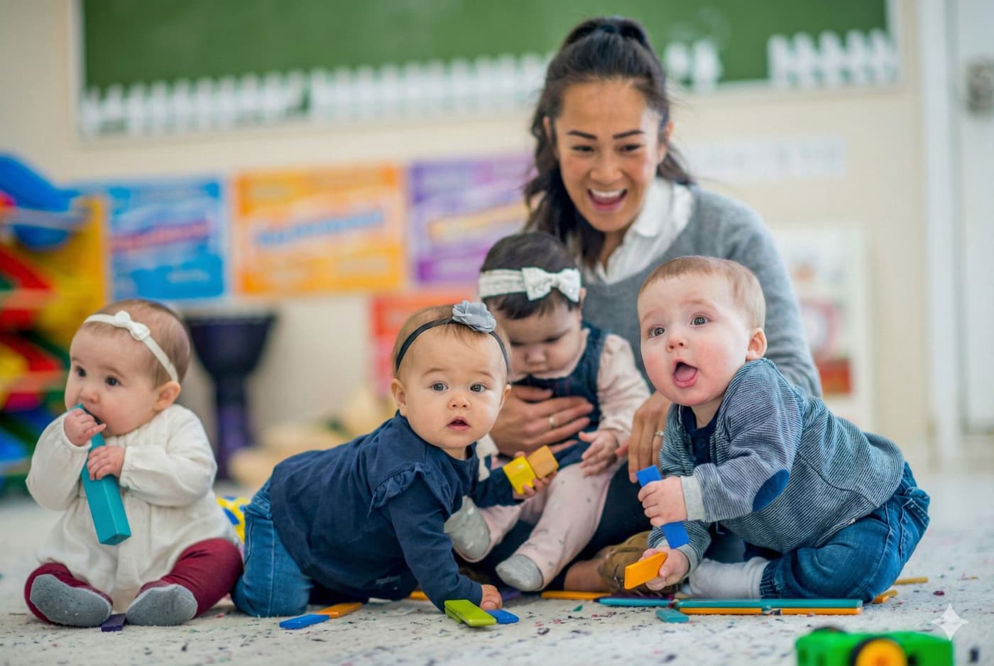 Infant daycare Plano TX caregiver with babies during floor play at Palm Grove