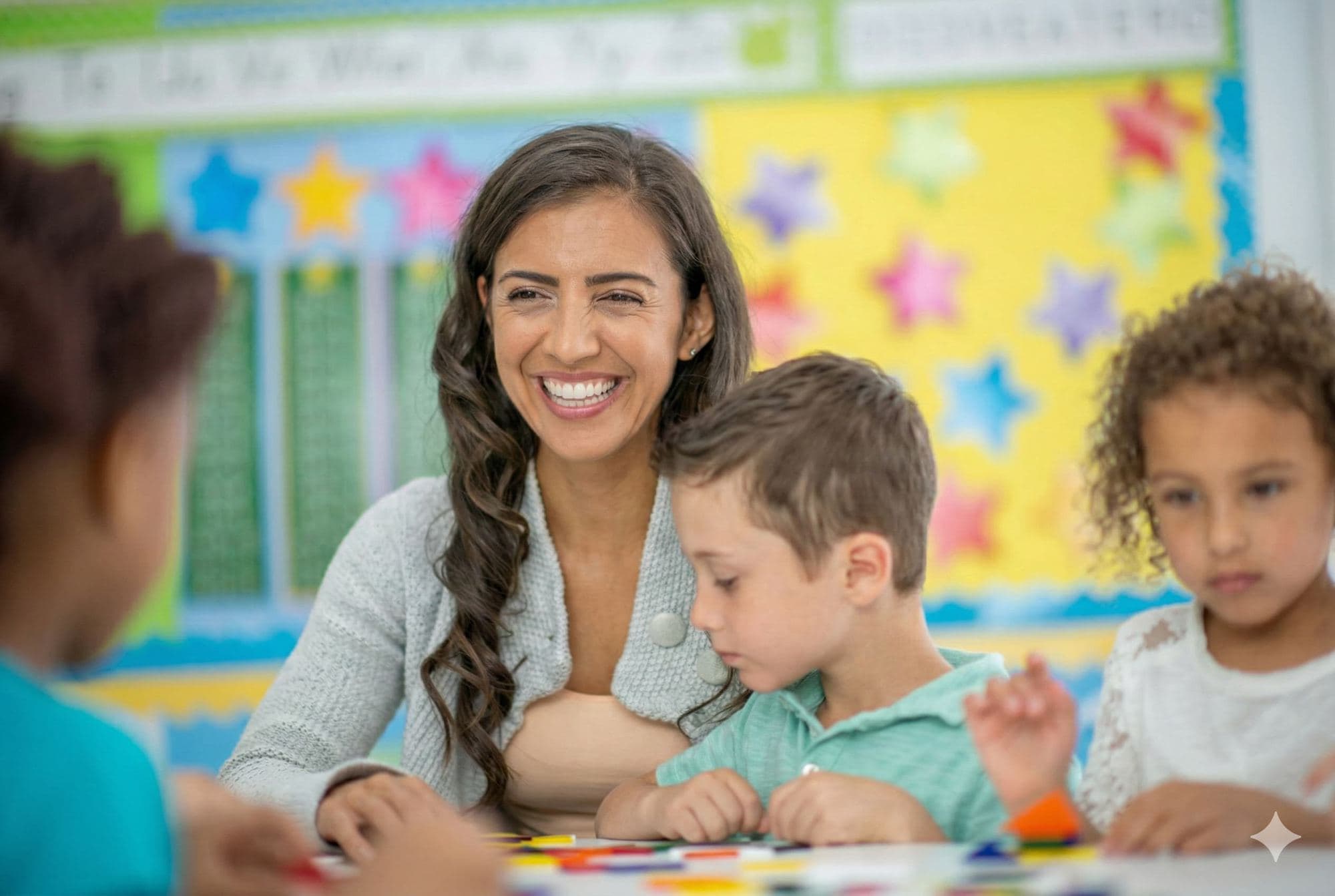 Montessori teacher guiding children through hands-on learning at Palm Grove in Plano TX